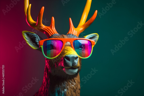 Funny reindeer wearing sunglasses in studio with a colorful and bright background. Generative AI