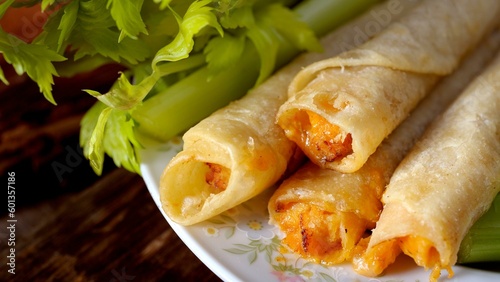 Delectable Delights: Top-View Close-up of Cheesy Chicken Taquitos on a Plate, Irresistibly Appetizing photo