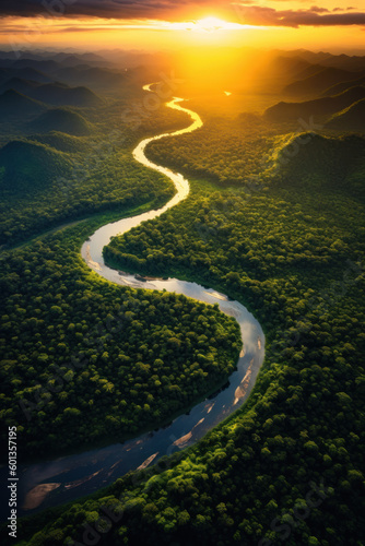 amazon river and jungle forest. aerial view. generative ai