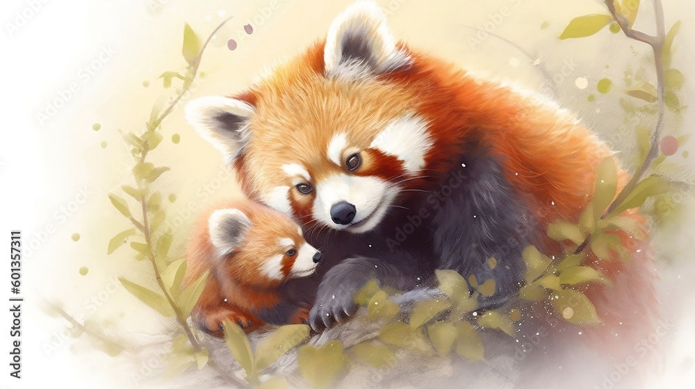 illustration of red panda loving her baby red pandas, in the wild. Generative AI