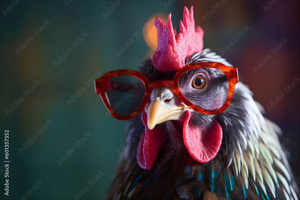 Funny rooster wearing sunglasses in studio with a colorful and bright background. Generative AI