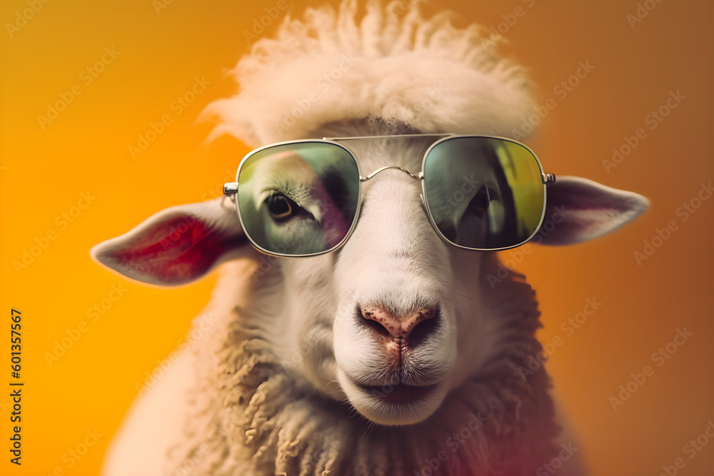 Funny sheep wearing sunglasses in studio with a colorful and bright background. Generative AI