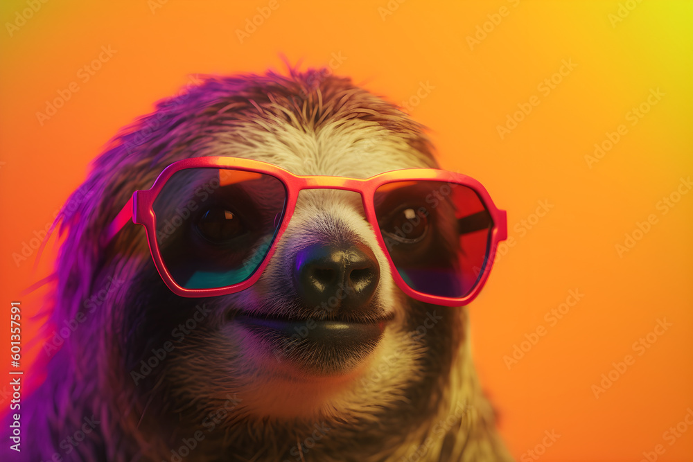 Funny sloth wearing sunglasses in studio with a colorful and bright background. Generative AI
