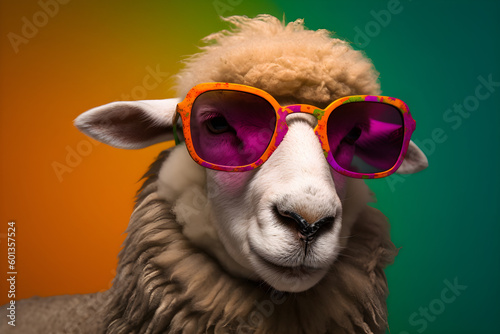 Funny sheep wearing sunglasses in studio with a colorful and bright background. Generative AI © Mihai Zaharia