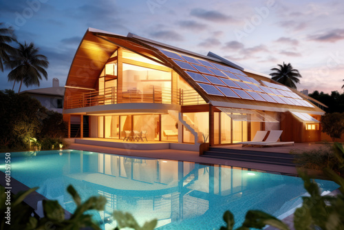 modern luxury villa house with photovoltaic solar panels. sustainable energy. generative ai