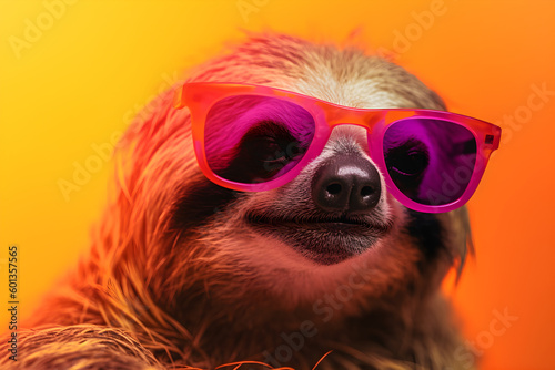 Funny sloth wearing sunglasses in studio with a colorful and bright background. Generative AI © Mihai Zaharia