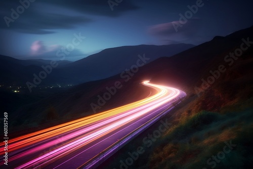 a long speed light trail in high exposure background., multi color Generative AI