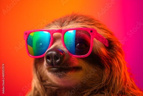 Funny sloth wearing sunglasses in studio with a colorful and bright background. Generative AI © Mihai Zaharia
