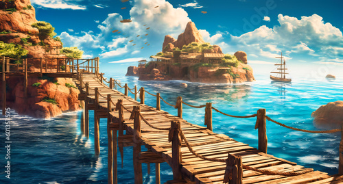 a wooden pier across a body of water next to a wooden island