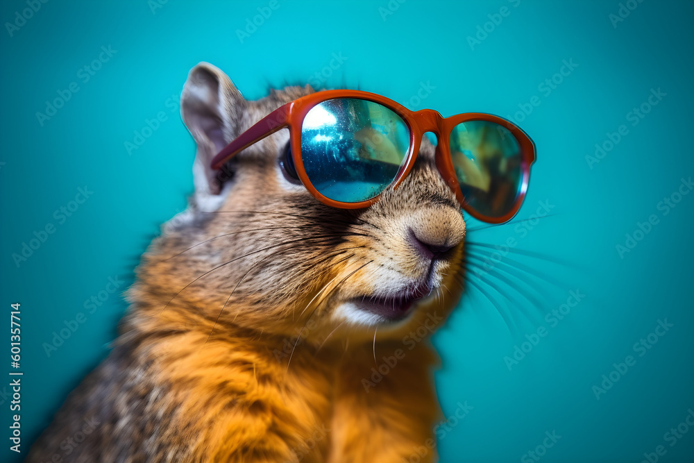 Funny squirrel wearing sunglasses in studio with a colorful and bright background. Generative AI