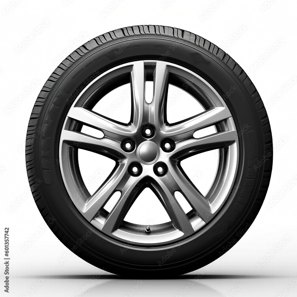 Close-Up of Alloy Wheel with Tyre, Isolated on White Background, Generative AI Close-Up of Alloy Wheel with Tyre, Isolated on White Background, Generative AI