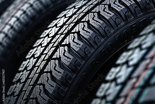 Close-Up of Car Tyres With Thick Tread, Detail View, Generative AI © Digital Dreamscape