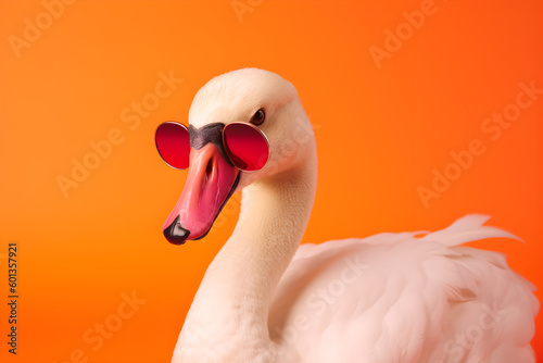 Fototapeta Naklejka Na Ścianę i Meble -  Funny swan or duck wearing sunglasses in studio with a colorful and bright background. Generative AI