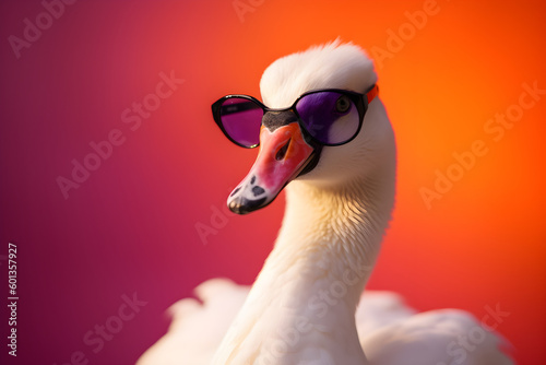 Fototapeta Naklejka Na Ścianę i Meble -  Funny swan or duck wearing sunglasses in studio with a colorful and bright background. Generative AI