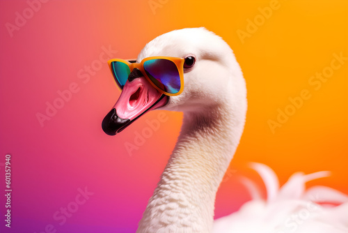 Funny swan or duck wearing sunglasses in studio with a colorful and bright background. Generative AI photo