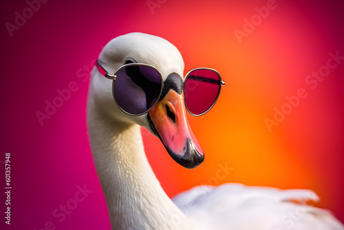 Funny swan or duck wearing sunglasses in studio with a colorful and bright background. Generative AI photo