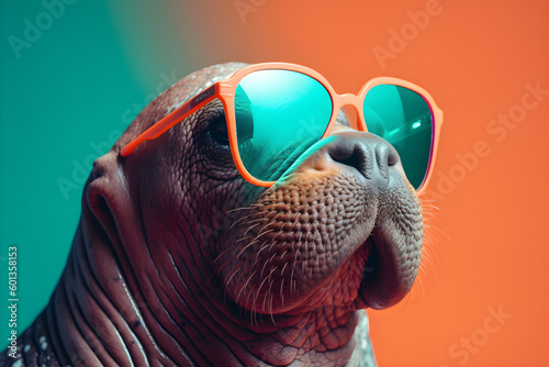 Funny walrus wearing sunglasses in studio with a colorful and bright background. Generative AI photo