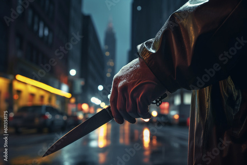 Gloved hand holding knife with city street at night in background. Crime concept.