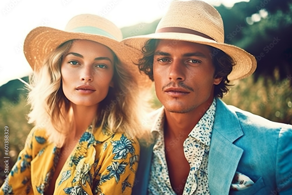 Beautiful Couple in Portraits: Summer Light and Stylish Hats, Generative AI
