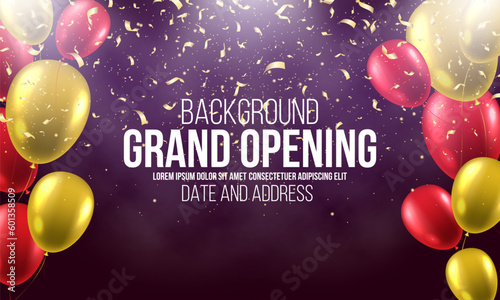 Grand opening. Banner with balloons and falling gold confetti. Ceremony presentation. Vector illustration.