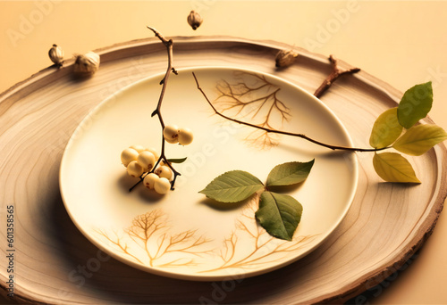 a plate with branches and a leaf on top