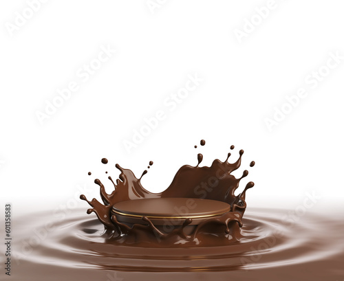 Chocolate splash with podium, mockup background for milk product display, 3d rendering.