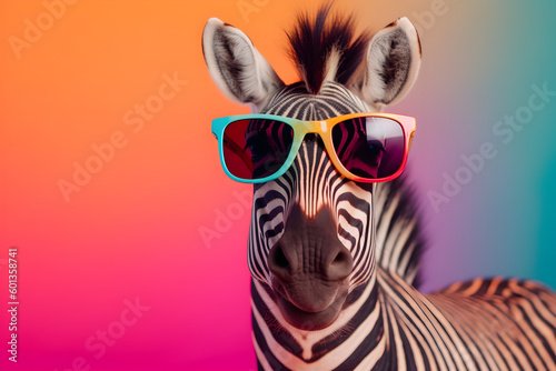 Funny zebra wearing sunglasses in studio with a colorful and bright background. Generative AI photo