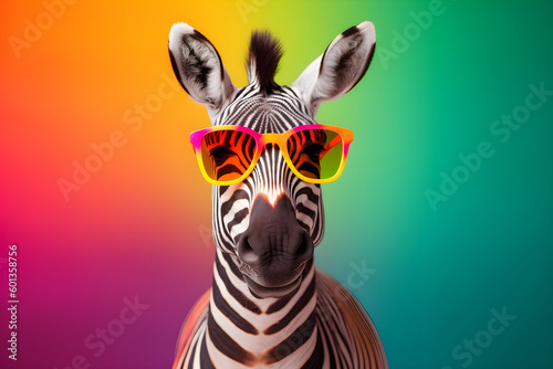 Funny zebra wearing sunglasses in studio with a colorful and bright background. Generative AI