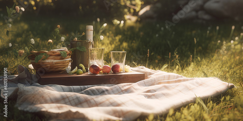 Summer picnic background. composition with bottles and wineglasses on tablecloth on the grass in a park. outdoors vacation concept. Generative ai.