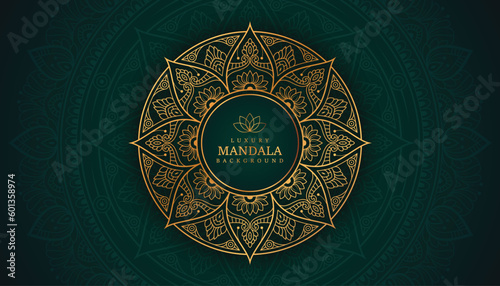  Luxury golden Mandala round design on a dark green background. Design for any card, invitation, wedding, birthday, other holiday, kaleidoscope, yoga, india, folk, arabic. Indian pattern wallpaper.