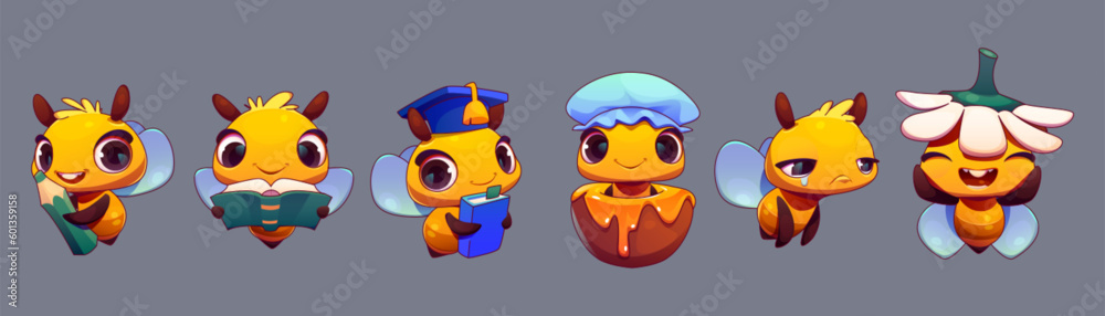 Fototapeta premium Cartoon set of cute bee mascots isolated on grey background. Vector illustration of funny yellow insects with pencil, book, wearing graduation hat, sitting in honey jar, crying, playing with flower