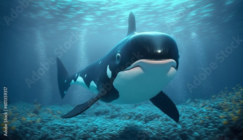 Cute Cartoon Killer Whale Character Underwater in the Ocean. Generative AI.