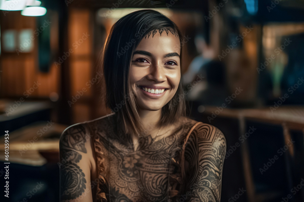 A tattoo Asian model with intricate Dayak inspired body art poses in front of a dark background, evoking a sense of tribal mystery and allure. generative AI A tattoo Asian model with intricate Dayak inspired body art poses in front of a dark background, evoking a sense of tribal mystery and allure. generative AI