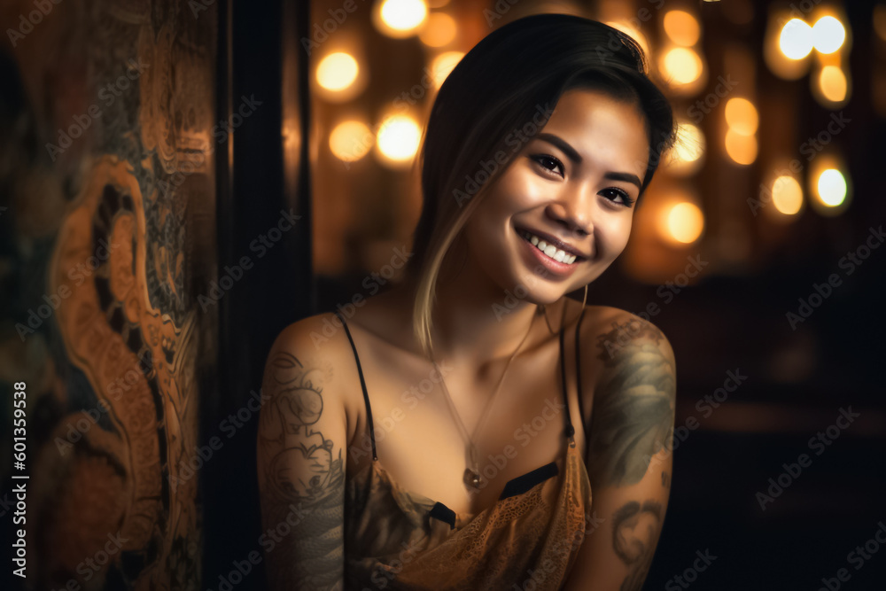 A tattoo Asian model with intricate Dayak inspired body art poses in front of a dark background, evoking a sense of tribal mystery and allure. generative AI A tattoo Asian model with intricate Dayak inspired body art poses in front of a dark background, evoking a sense of tribal mystery and allure. generative AI