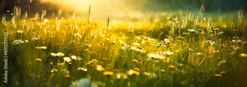 a springtime spring field with flowers and light