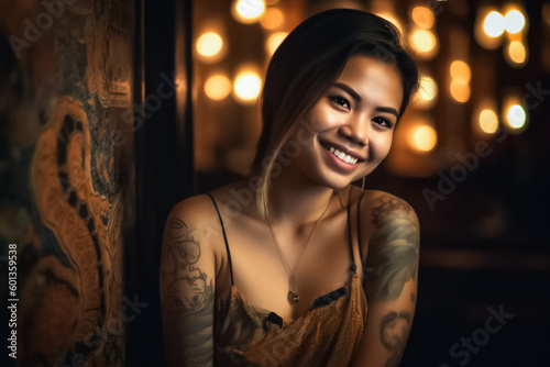 A tattoo Asian model with intricate Dayak inspired body art poses in front of a dark background, evoking a sense of tribal mystery and allure. generative AI