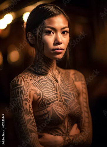 A tattoo Asian model with intricate Dayak inspired body art poses in front of a dark background, evoking a sense of tribal mystery and allure. generative AI © Surachetsh