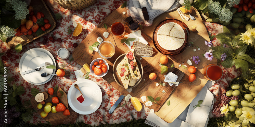Summer picnic background. Summertime. Top view. Cute Wicker basket with food,bread, berries. tablecloth on the forest glade outdoors.Generative ai.