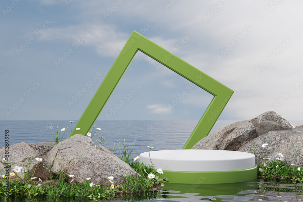 podium display with tropical plant and stone on water background, Cosmetics or beauty product promotion mockup 3d rendering. - obrazy, fototapety, plakaty 