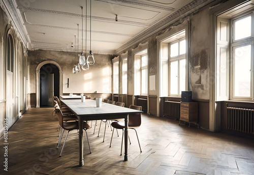 an empty office with room for four more tables