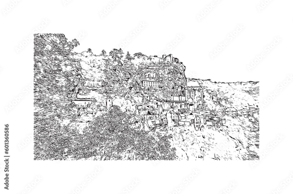 Building view with landmark of  Rocamadour is the commune in France. Hand drawn sketch illustration in vector.