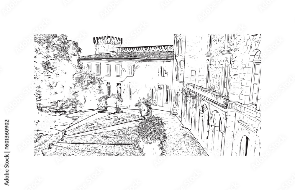 Building view with landmark of  Rocamadour is the commune in France. Hand drawn sketch illustration in vector.