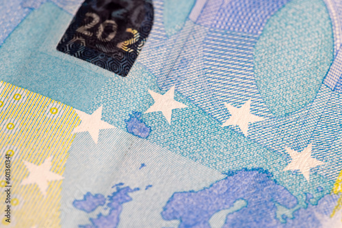 European cash banknotes with a face value of 20 euros close-up