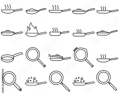 Frying pan line set icon, cooking food logo vector