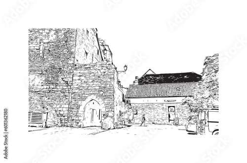 Building view with landmark of Rocamadour is the commune in France. Hand drawn sketch illustration in vector.