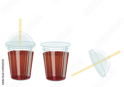 Gobelet en plastique recyclable et transparent avec ou sans son couvercle et sa paille contenant un soda ou une boisson gazeuse au cola ou aux fruits. photo