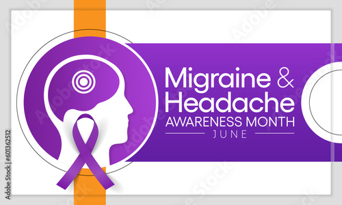 Migraine and headache awareness month is observed every year in June. it is usually a moderate or severe headache felt as a throbbing pain on one side of the head. Vector illustration