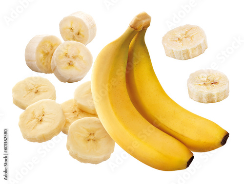 Cacho de bananas e rodelas de banana em fundo transparente - conjunto de banana nanica 