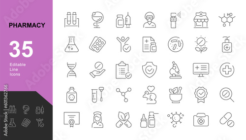 Pharmacy Line Editable Icons set. Vector illustration in modern thin line style of medical icons: types of drugs, research, tests, and manufacturing process. Pictograms and infographics for mobile app