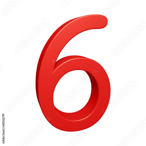 Red 3d number 6 for math, business and education concept